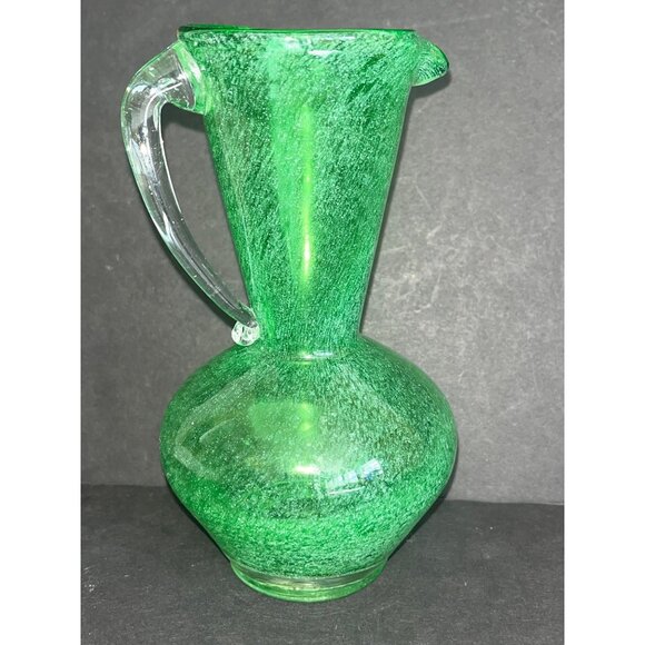 Green Handblown Glass Pitcher Clear Applied Handle 6.5" Tall Vintage Vase - Picture 2 of 6